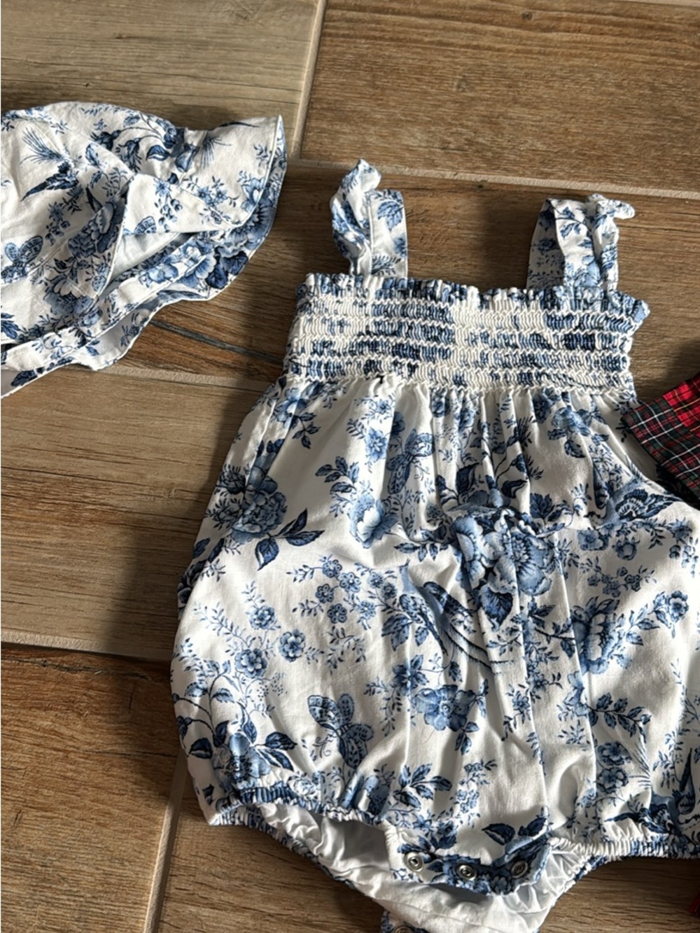 Ralph Lauren Classic Blue Floral Smocked Baby Romper with hat- White & Blue